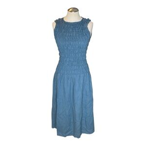 Linenfox Blue Smocked Linen Midi Dress Sleeveless Size XS
